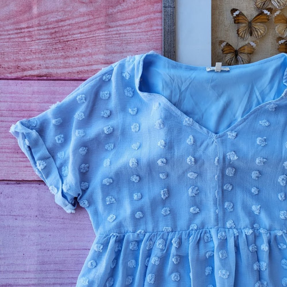 Pinkblush Light Blue V Neck Textured Swiss Dot Maternity Mini Dress Size Medium - Picture 7 of 10